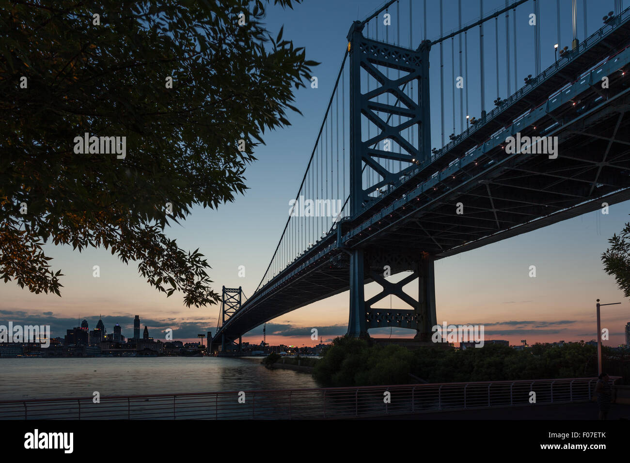 View of the Ben Franklin Bridge from Camden, on the New Jersey Side of the Delaware River. Stock Photo