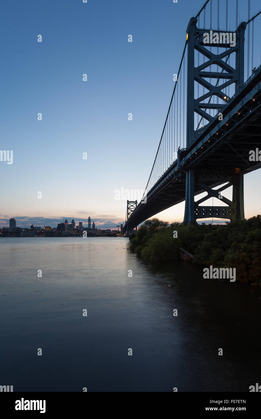 View of the Ben Franklin Bridge from Camden, on the New Jersey Side of the Delaware River. Stock Photo