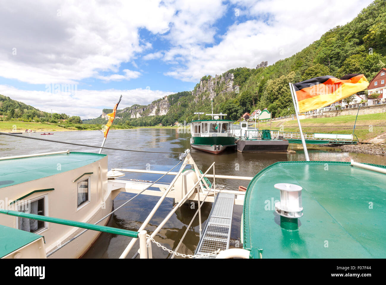 Ferry crossing Elbe river in Rathen, Germany. Stock Photo