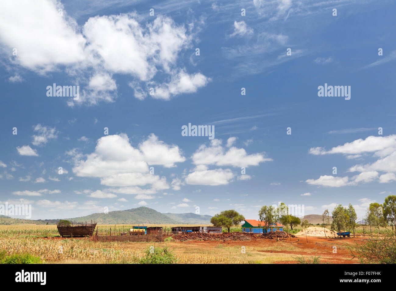 Central Kenyan Farm Landscape on the main road between Mombasa and Nairobi, Kenya. Stock Photo