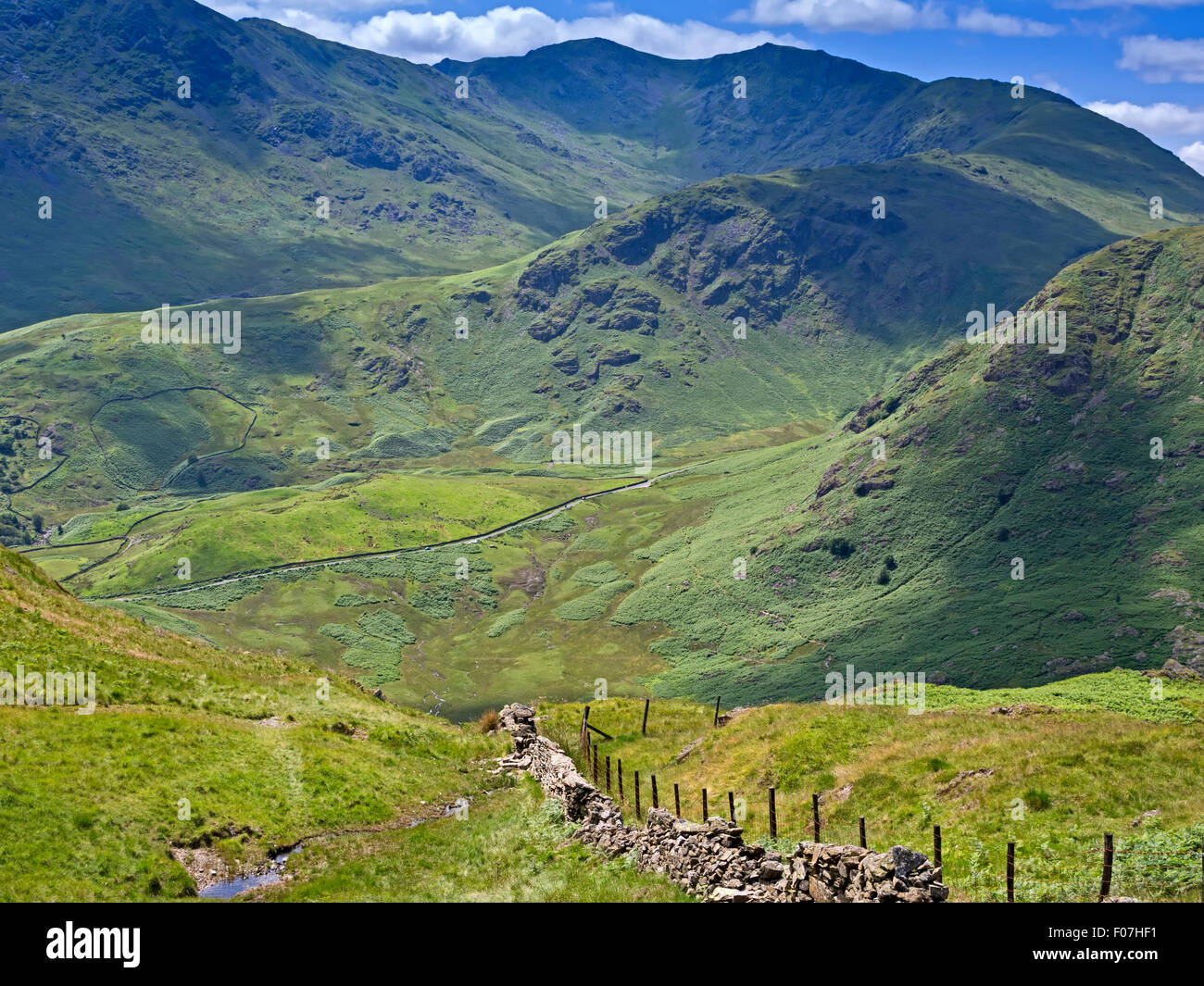 Wrynose Pass and Tilberthwaite Fells from Lingmoor, Cumbria Stock Photo