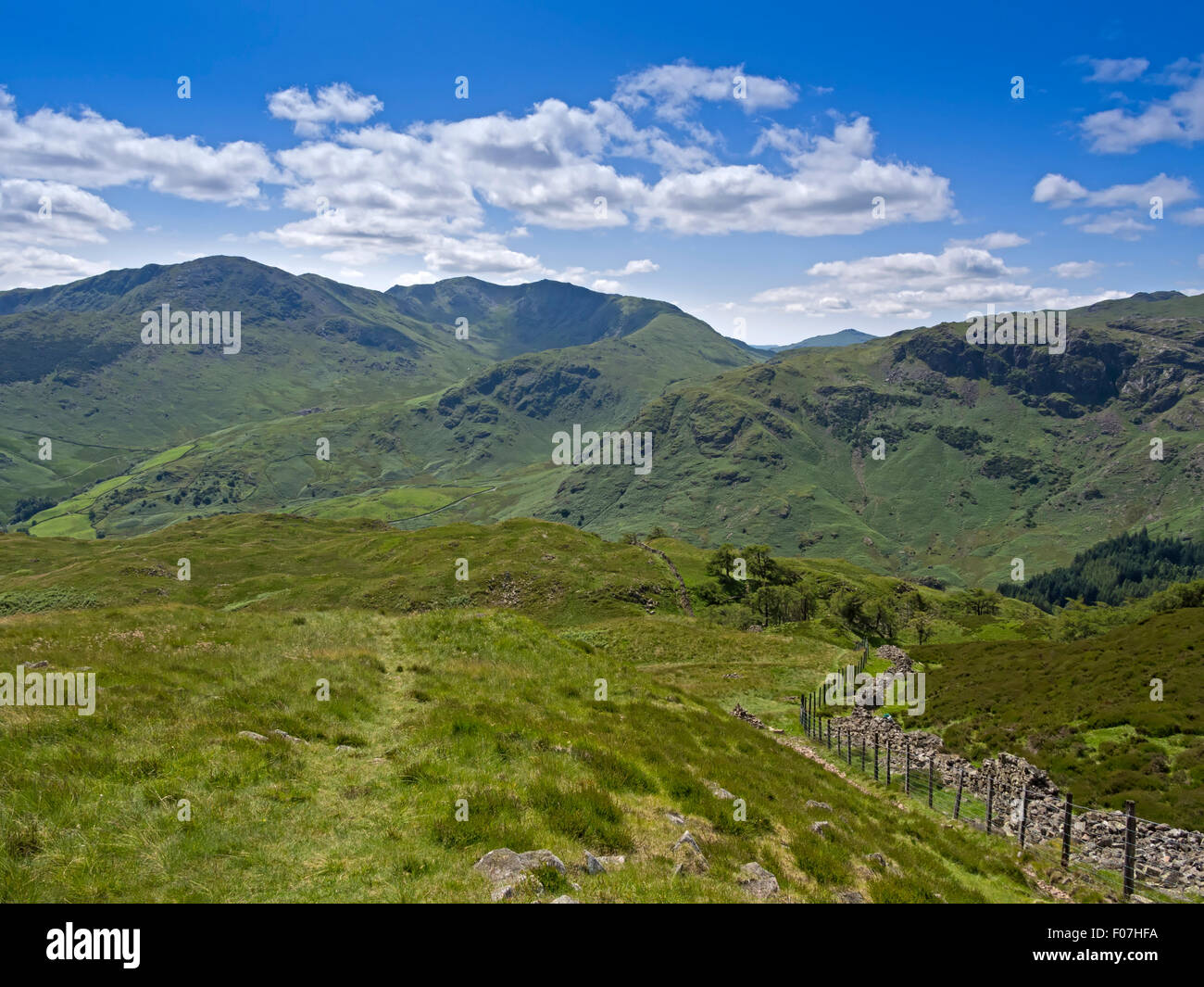 Wrynose Pass and Tilberthwaite Fells from Lingmoor, Cumbria Stock Photo
