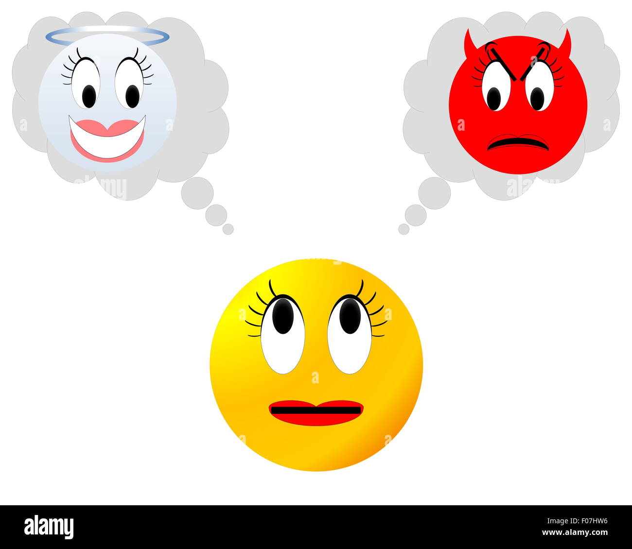 Yellow neutral female smiley hesitating between angel and devil Stock Photo