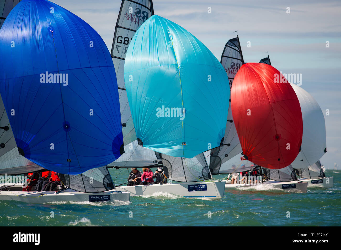 Cowes, Isle of Wight, UK, Sunday, 9 August 2015. Aberdeen Asset Management Cowes Week, RS Elite fleet in action. Credit:  Sam Kurtul / Alamy Live News Stock Photo
