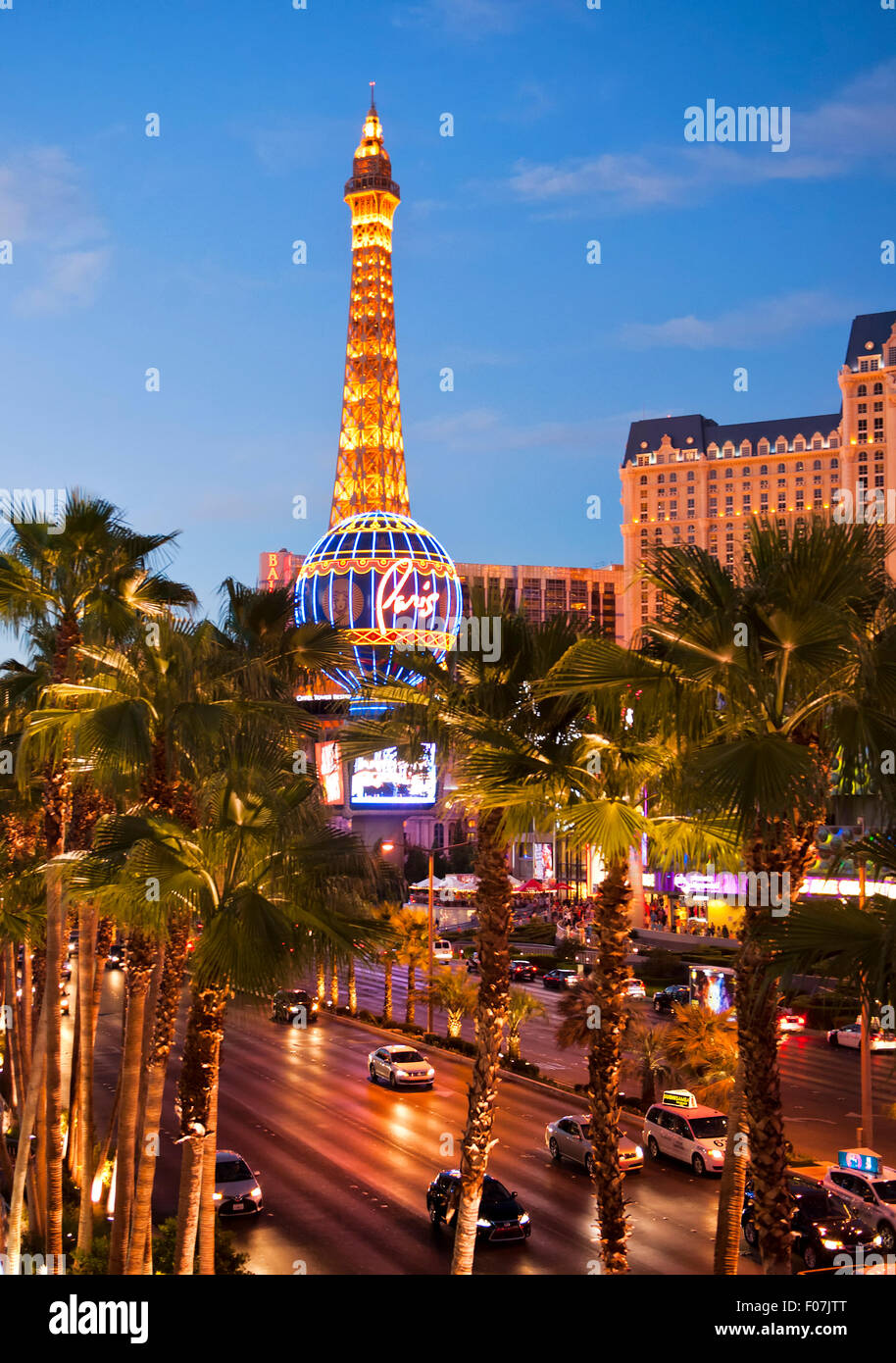 Paris Las Vegas is a French-themed casino hotel with a half-size Eiffel Tower located on the Strip Stock Photo