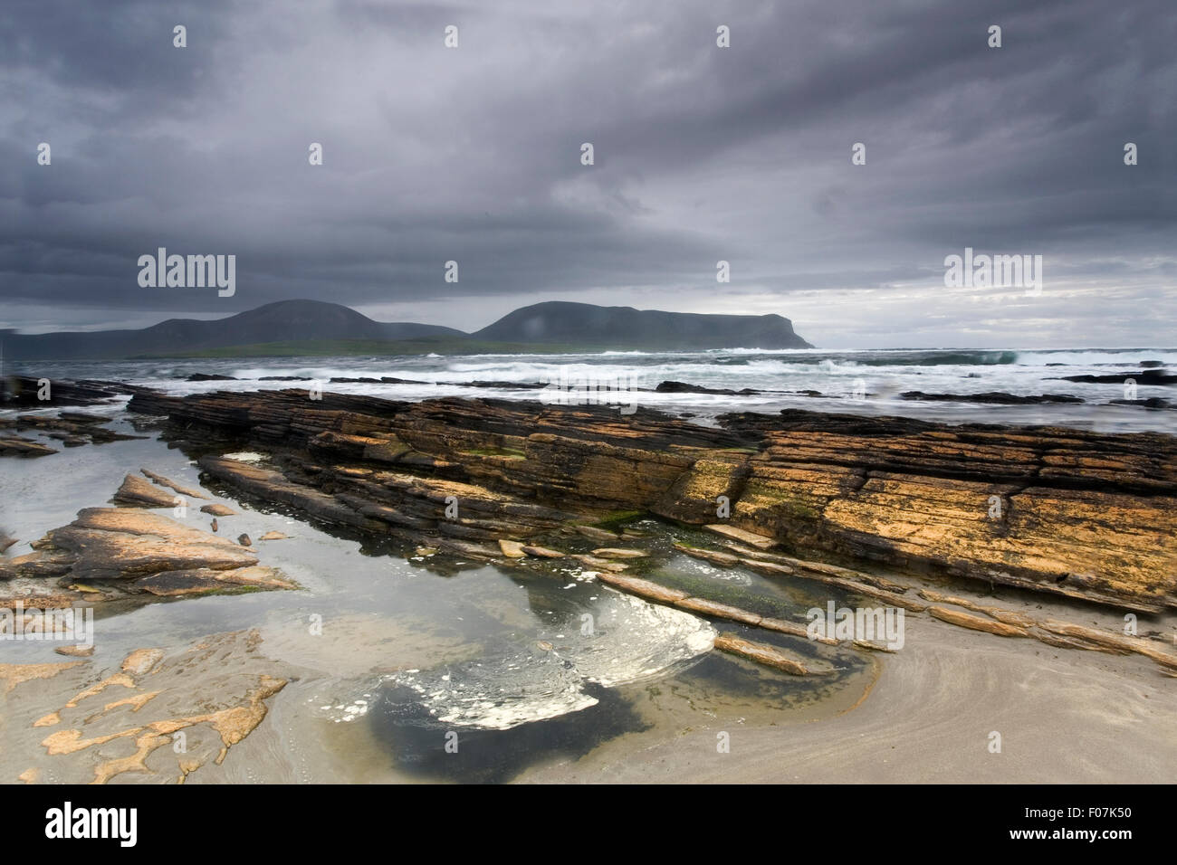 Warbeth Bay, Orkney with a storm coming Stock Photo
