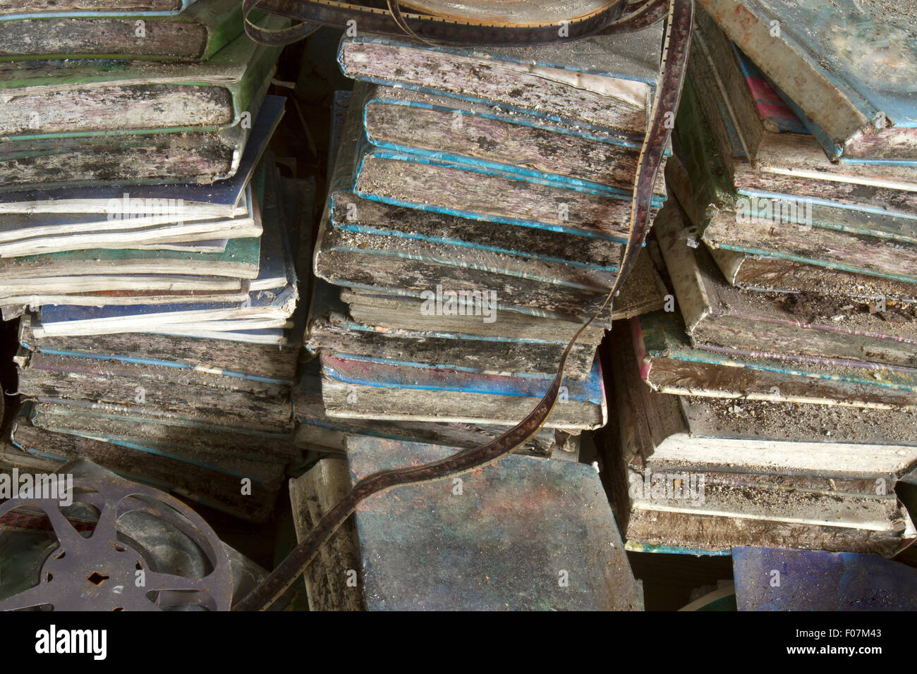 Rotting school books in piles with mold. Stock Photo