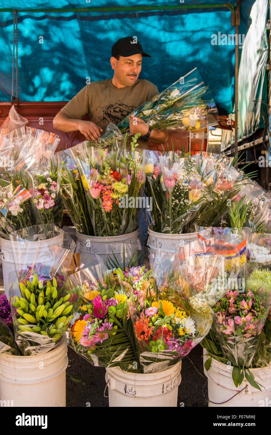 Man selling cut flowers at the La Garita Farmer's Market in Costa Rica