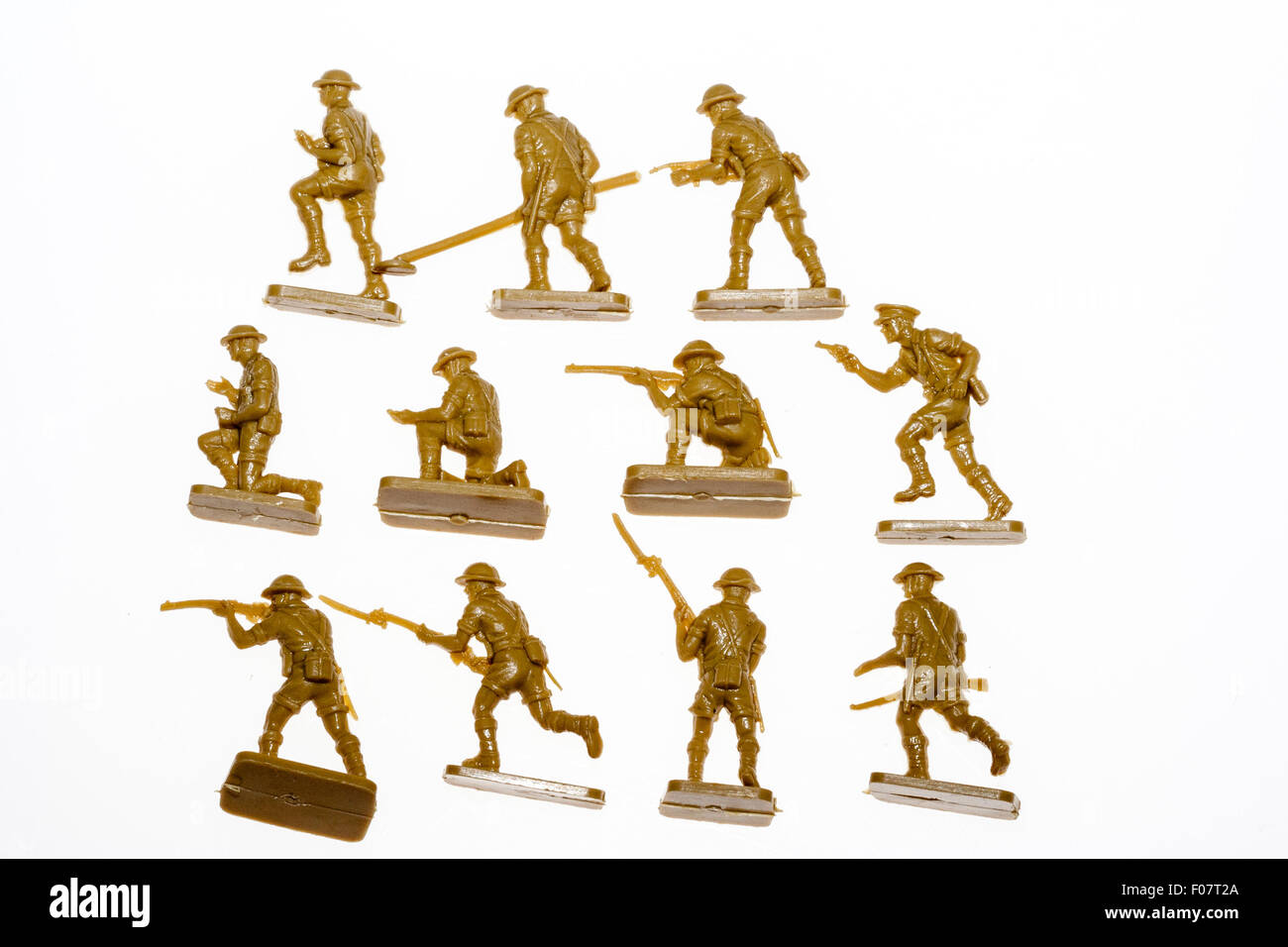 Airfix, HO/OO, 1/72 scale plastic model figures. World War Two, 8th army. Three rows of soldiers on plain white background. 1970s second series set. Stock Photo