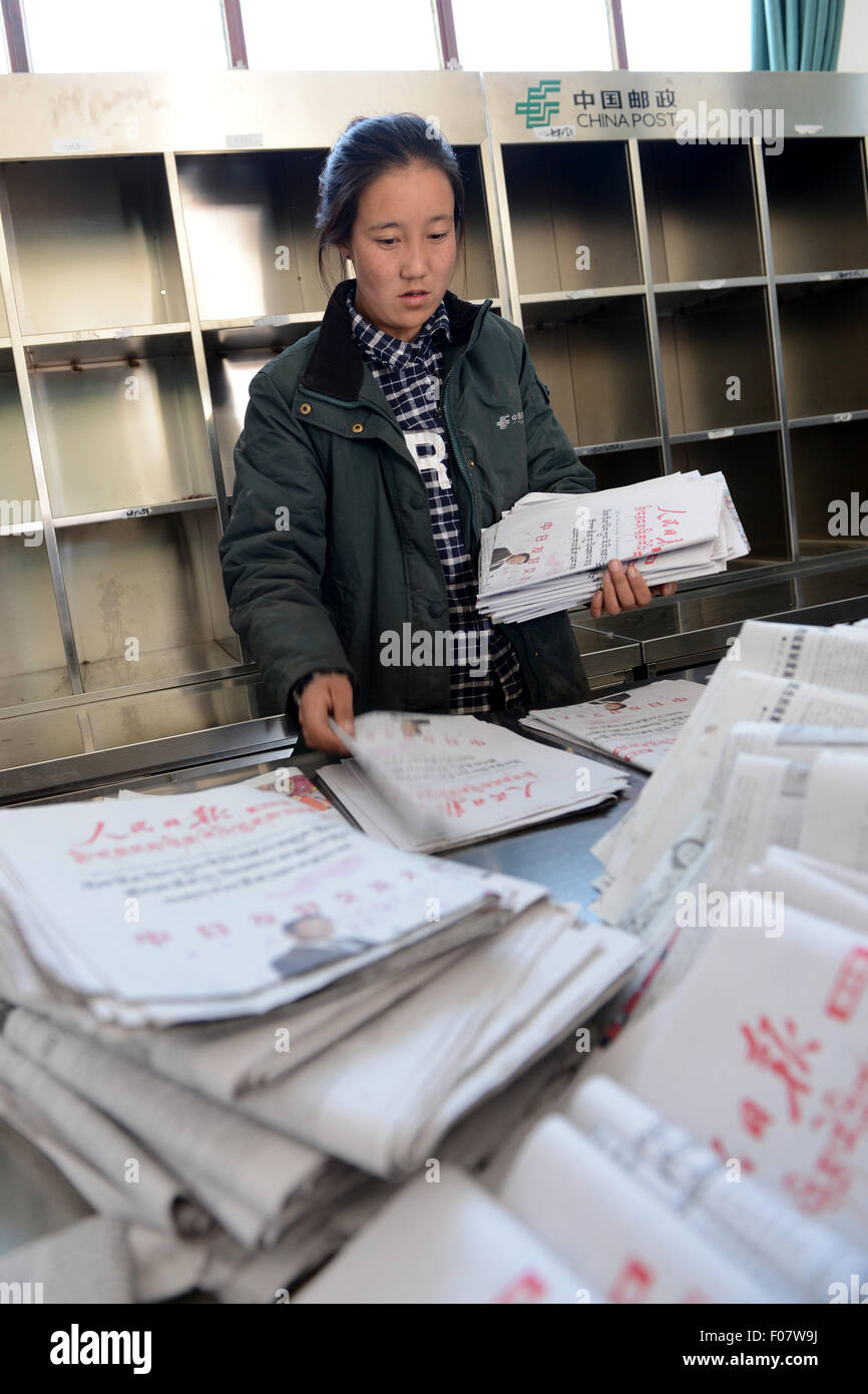 (150810) -- NYIMA, Aug. 10, 2015 (Xinhua) -- Mailwoman Bamu classifies newspapers and magazines in Nyima County of Nagqu Prefecture, southwest China's Tibet Autonomous Region, June 10, 2015. Bamu, a 26-year-old woman of Tibetan ethnic group, has been working as a mailwoman since 2006 for seven remote villages in Nyima County, which stands at an average of 4,500 meters above sea level and covers over 150 thousand square kilometers but has a population of less than 30 thousand. The farthest village is more than 100 kilometers away from the county town, and even some door-to-door dista Stock Photo