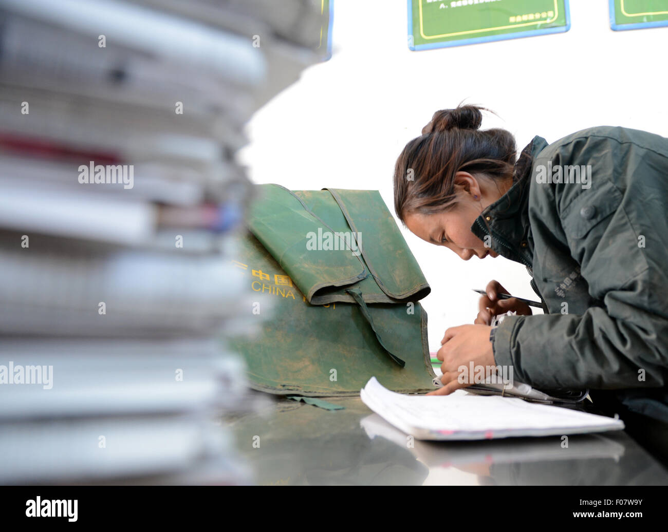 (150810) -- NYIMA, Aug. 10, 2015 (Xinhua) -- Mailwoman Bamu registers newspapers and magazines in Nyima County of Nagqu Prefecture, southwest China's Tibet Autonomous Region, June 10, 2015. Bamu, a 26-year-old woman of Tibetan ethnic group, has been working as a mailwoman since 2006 for seven remote villages in Nyima County, which stands at an average of 4,500 meters above sea level and covers over 150 thousand square kilometers but has a population of less than 30 thousand. The farthest village is more than 100 kilometers away from the county town, and even some door-to-door distan Stock Photo