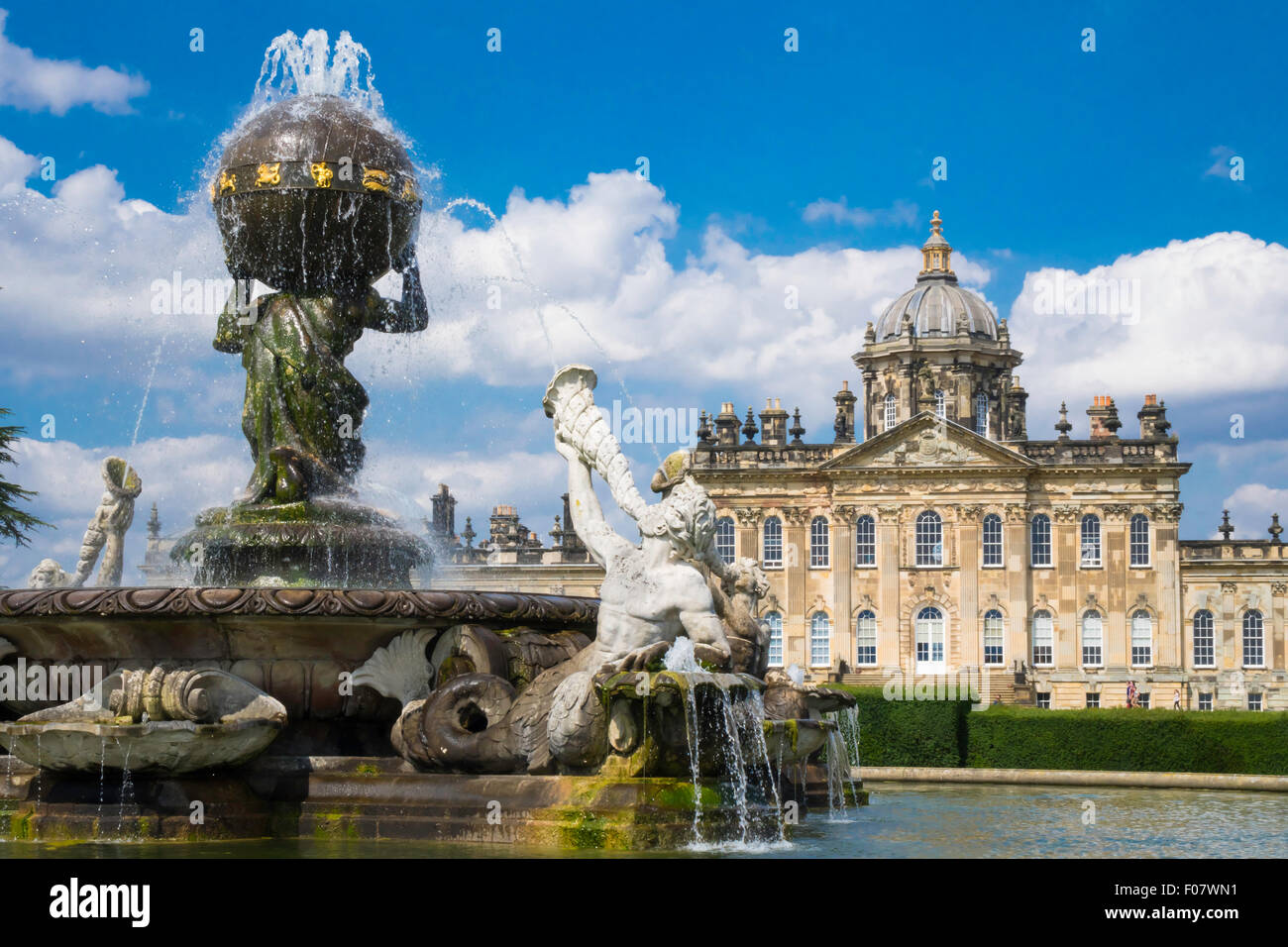 The Atlas fountain at the south aspect of the stately home at Castle Howard North Yorkshire Stock Photo