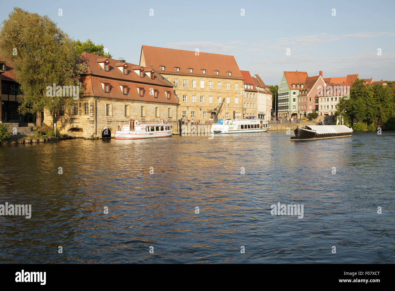 The Old Port on the Regnitz River with the Old Slaughterhouse, Bamberg, Bavaria, Germany Stock Photo
