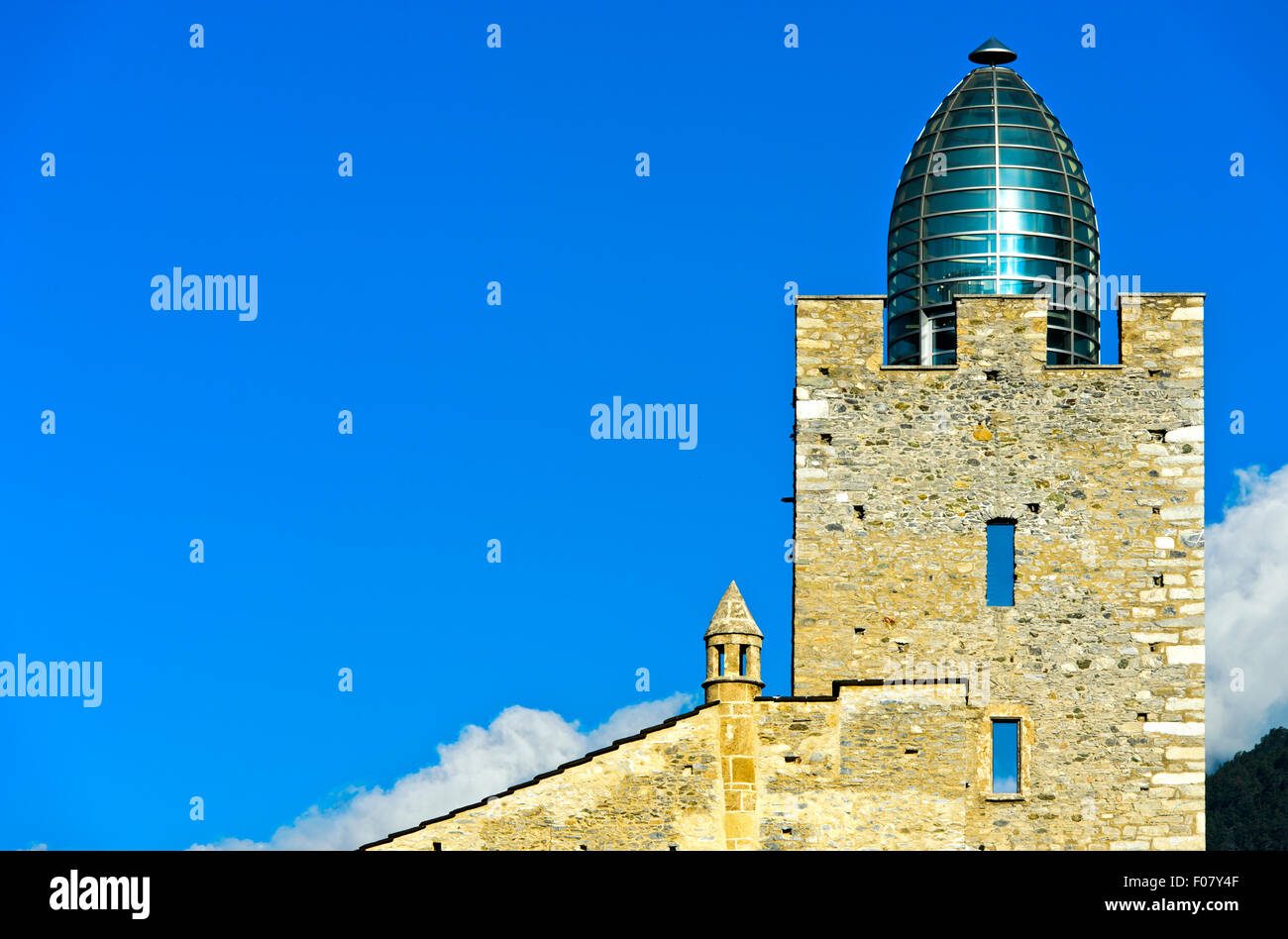 Bishop's Castle Leuk with glass cupola by Mario Botta, Leuk, Valais, Switzerland Stock Photo
