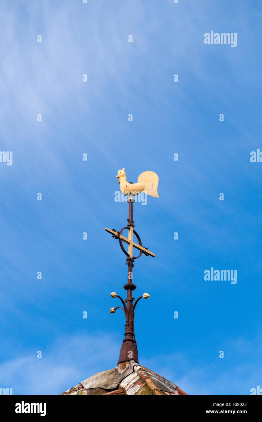 An old golden weathercock against a blue sky taken in Dorset England. Stock Photo