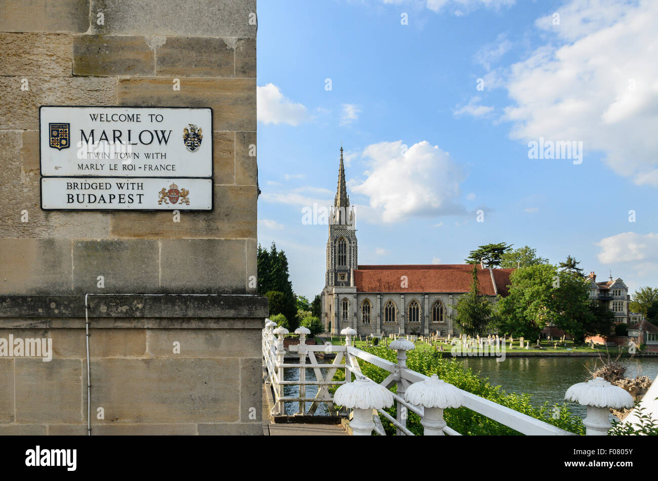 The Bridge over the River Thames at Marlow and All Saints Church, Marlow,Buckinghamshire, England, UK. Stock Photo