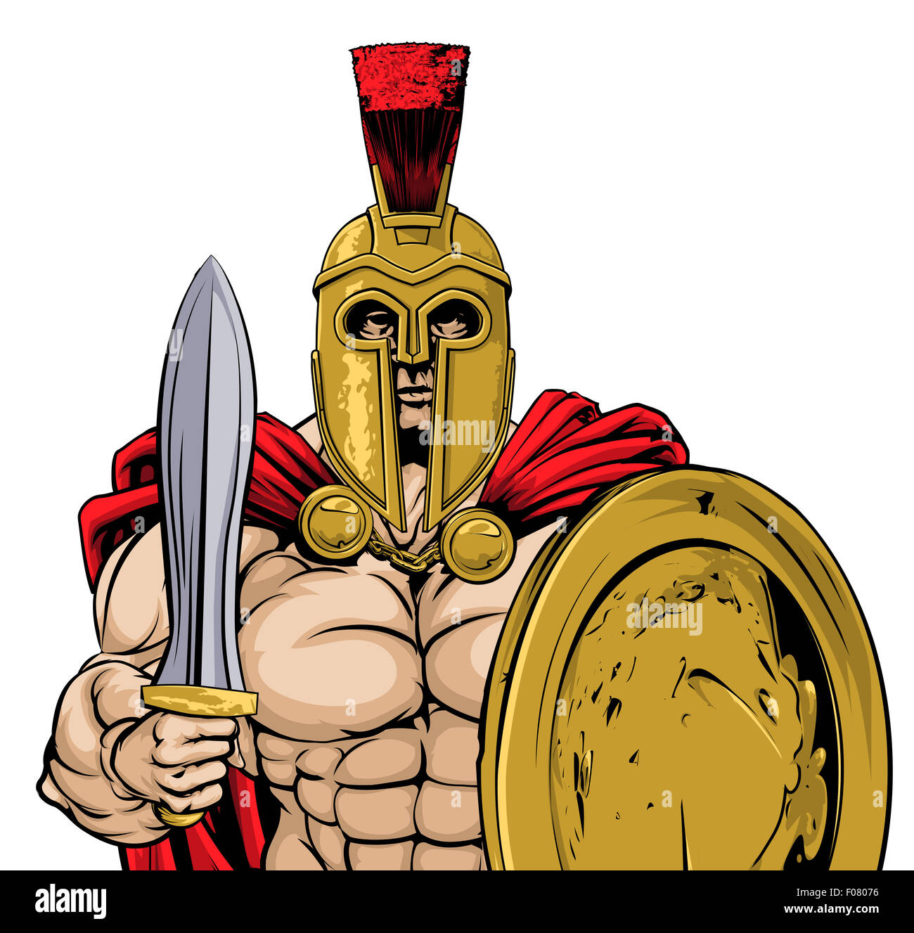 A gladiator, ancient Greek, Trojan or Roman warrior or gladiator wearing a helmet and holding a sword and shield Stock Photo
