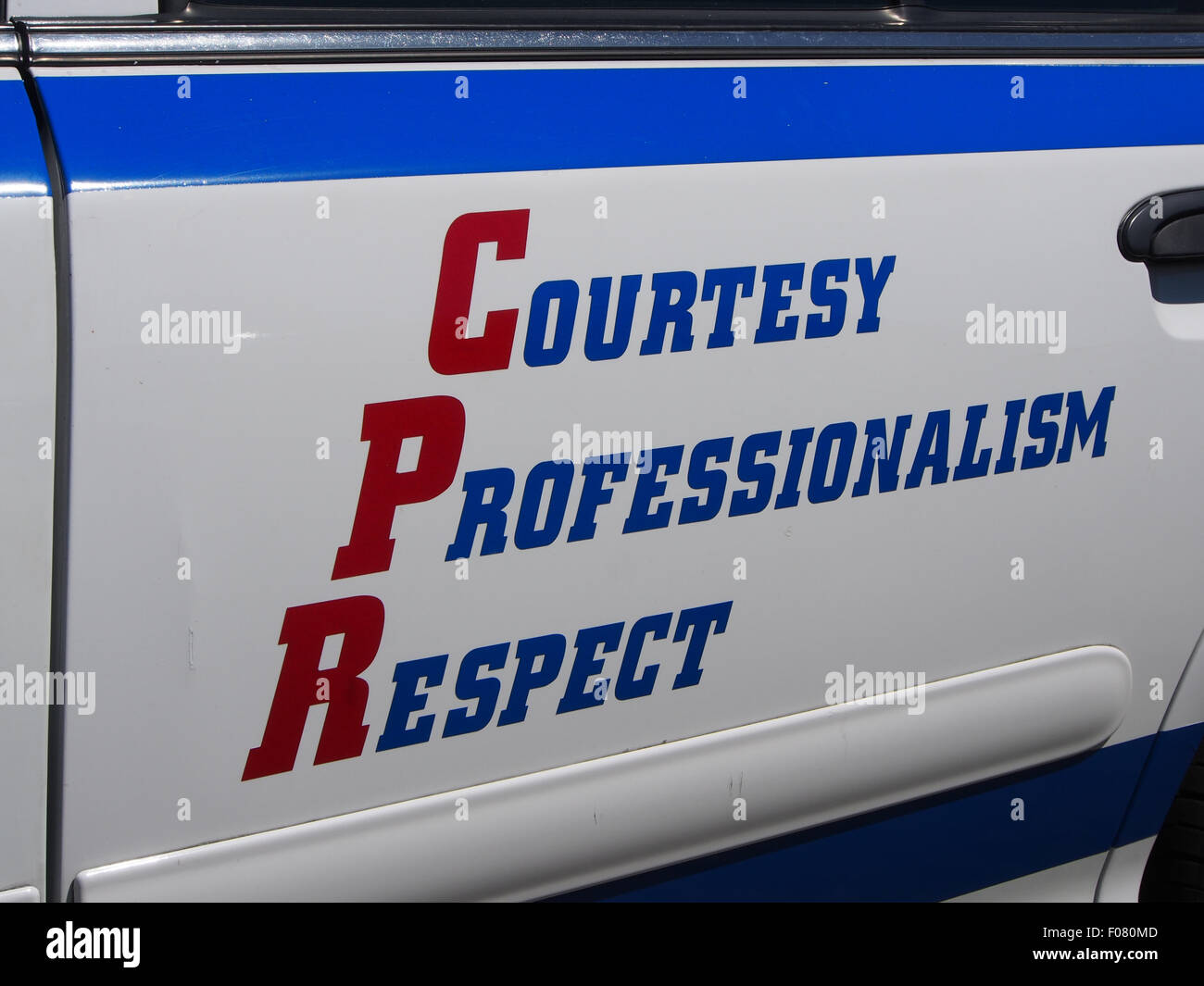 courtesy professionalism respect, the motto of the NYPD, on the side of a New York Police Department car Stock Photo