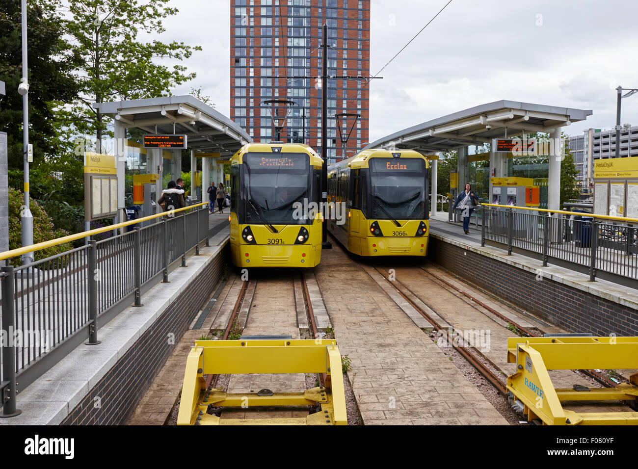 metrolink trams at mediacity station Manchester uk Stock Photo