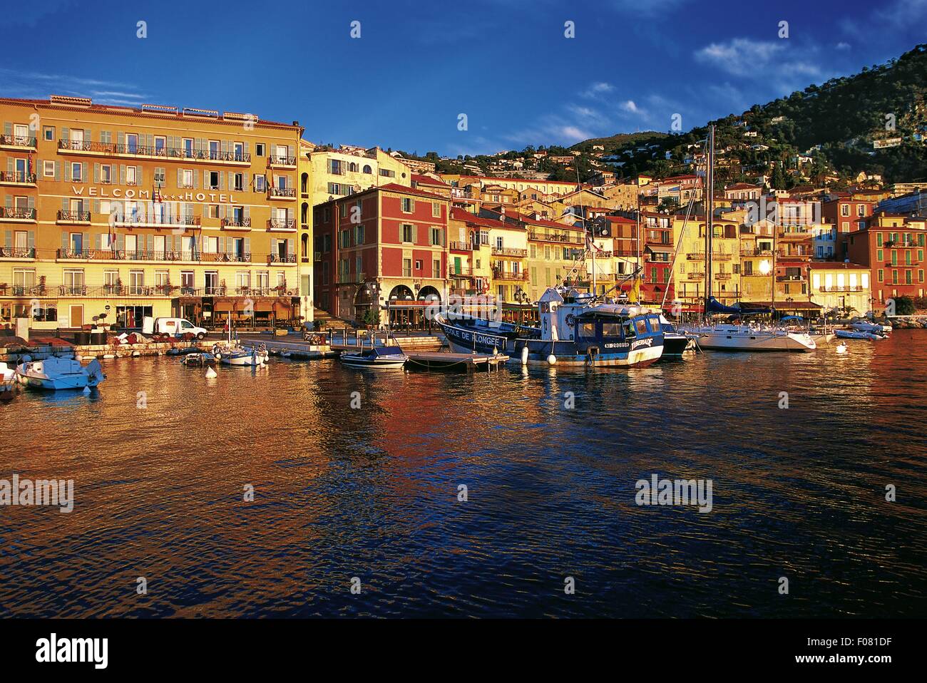 View of Welcome Hotel at port of Villefranche-sur-Mer, France Stock Photo