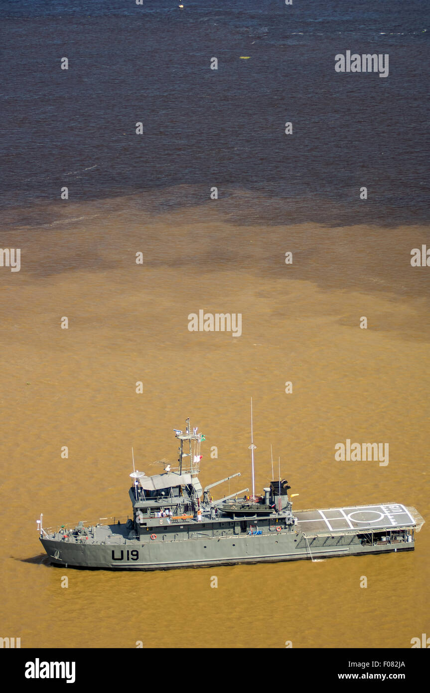 Manaus, Brazil. Military medical ship with heliport. Meeting of the Waters of the Rivers Solimoes and Negro (Encontro das Aguas). Stock Photo