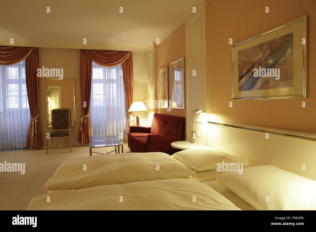 Bedroom with double bed in hotel, Germany Stock Photo Alamy