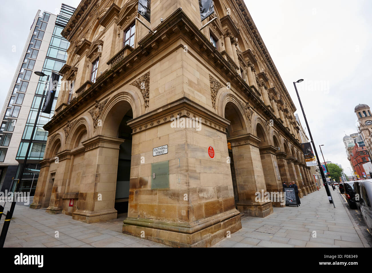 corner of southmill street and peter street Free Trade Hall on St Peters site of the Peterloo massacre Manchester England UK Stock Photo