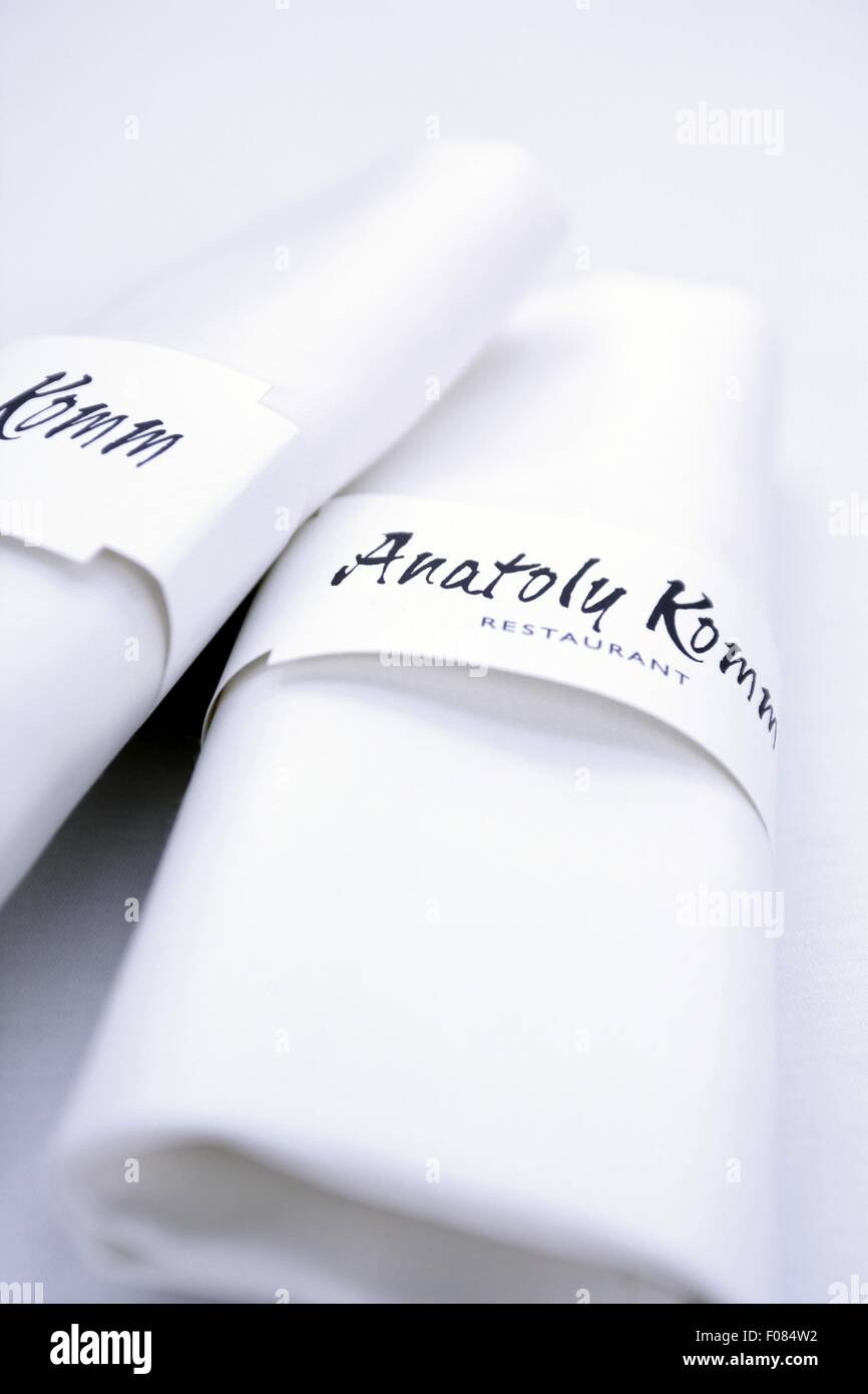 Closeup of white napkins of Anatoly Komm restaurant in Moscow, Russia
