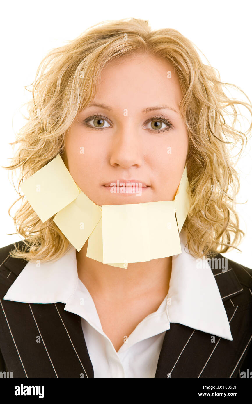Funny business woman with postits on her chin Stock Photo Alamy