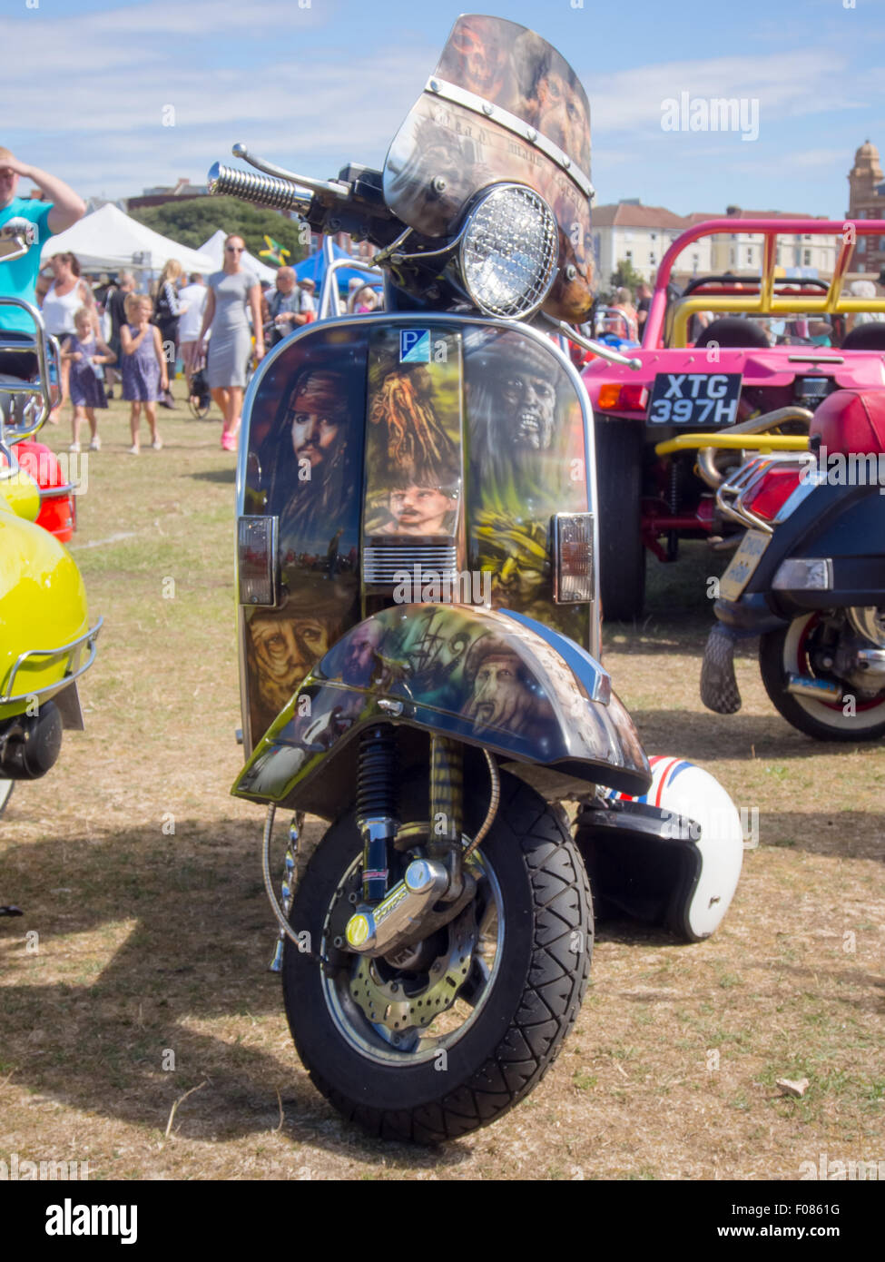 A Customised Vespa scooter with Pirates of the Caribbean art work Stock Photo