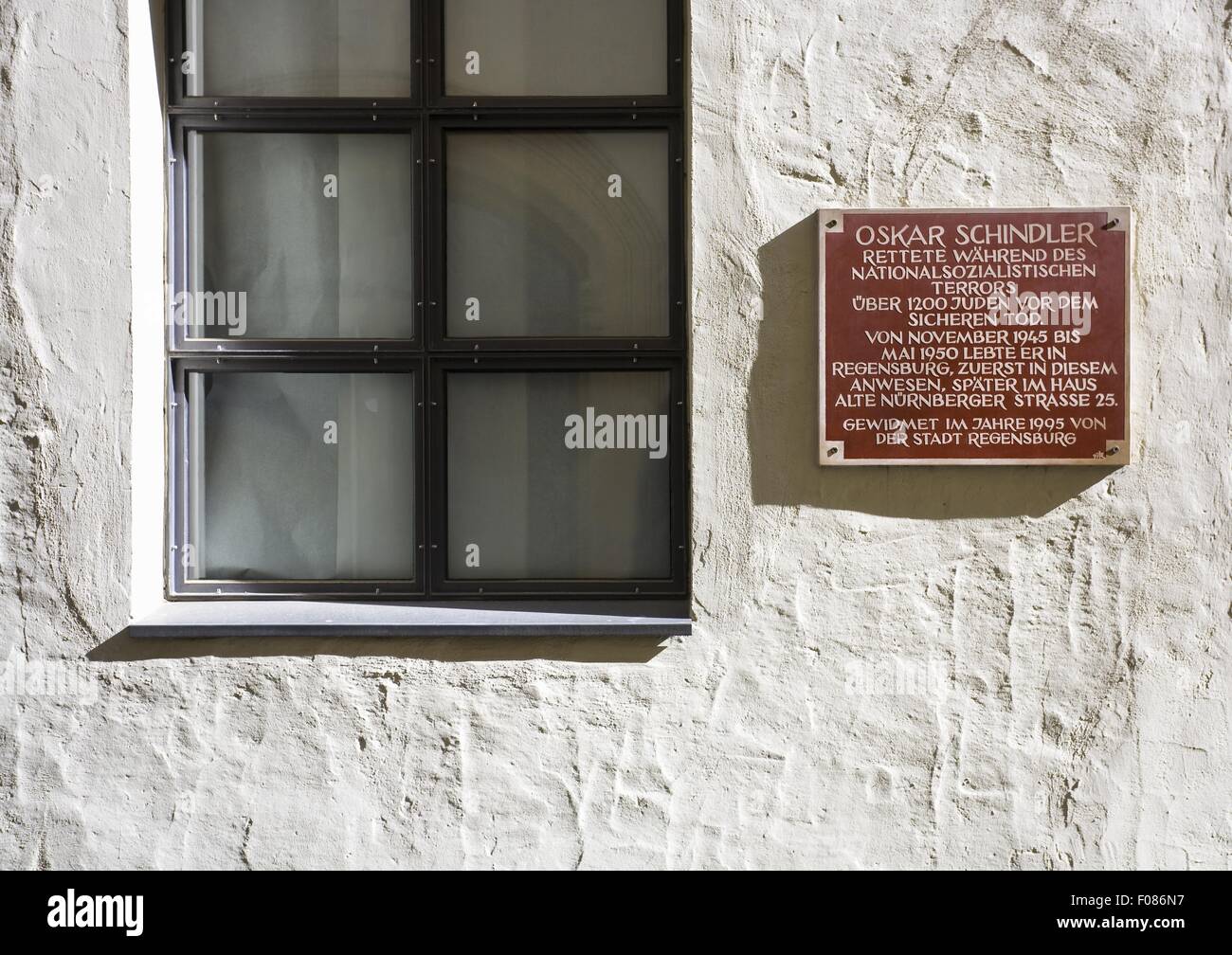 Signboard of Oskar Schindler House in Regensburg, Bavaria, Germany