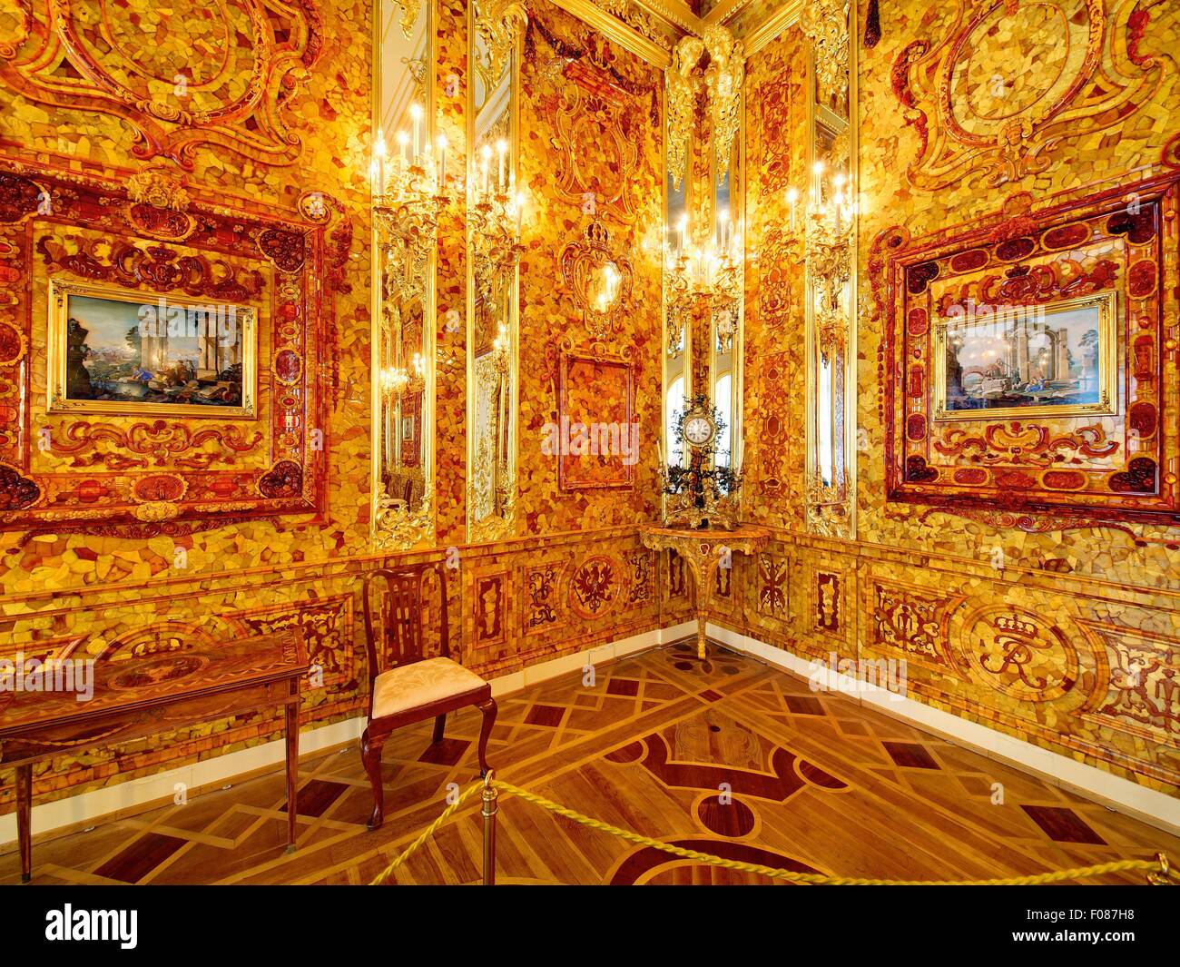Paintings in illuminated Amber Room at Tsarskoye Selo, St. Petersburg, Russia Stock Photo