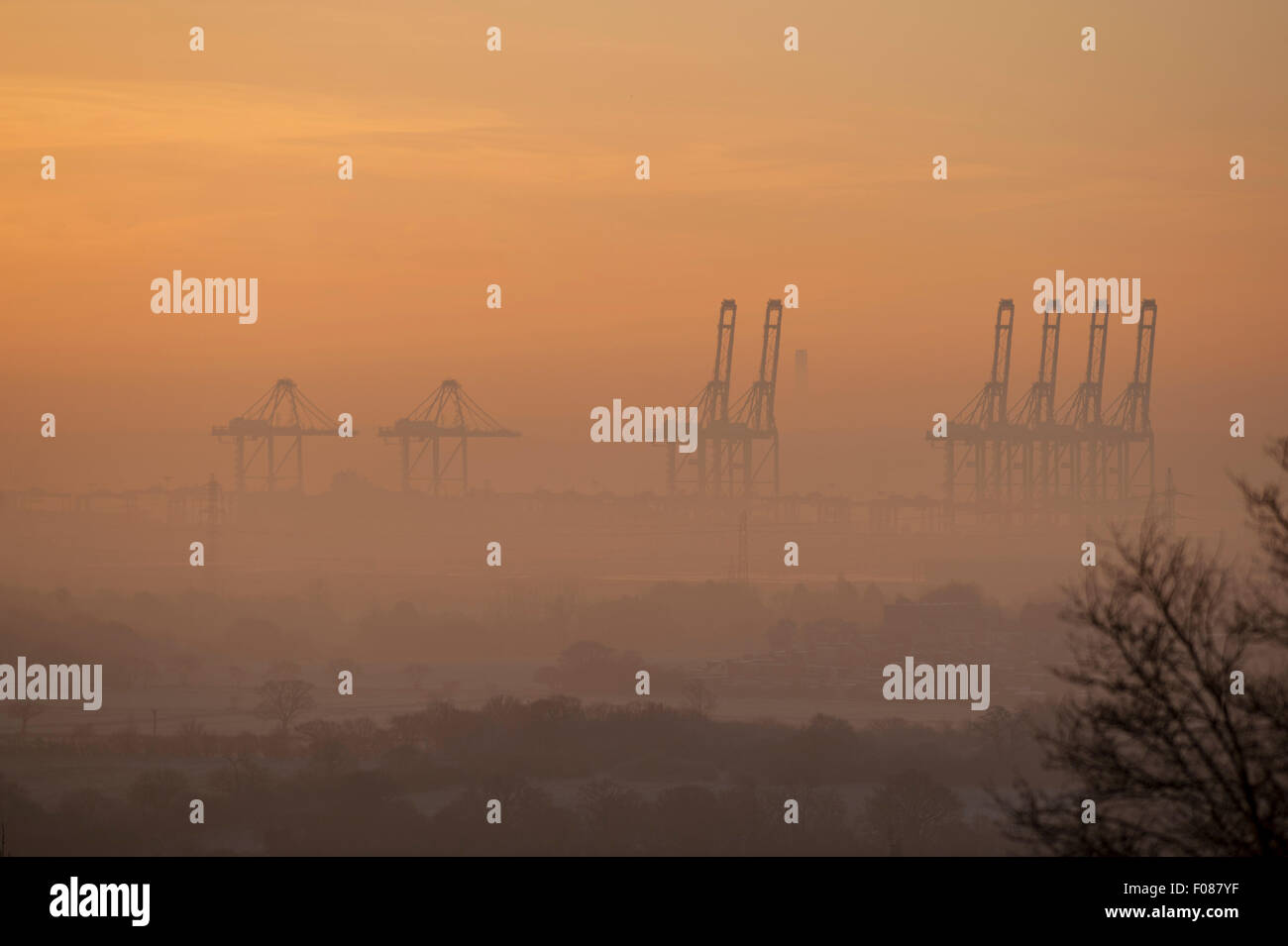 Massive cranes of DP World, London Gateway container port, rise from early morning winter mist. Coryton, Essex, UK. Stock Photo