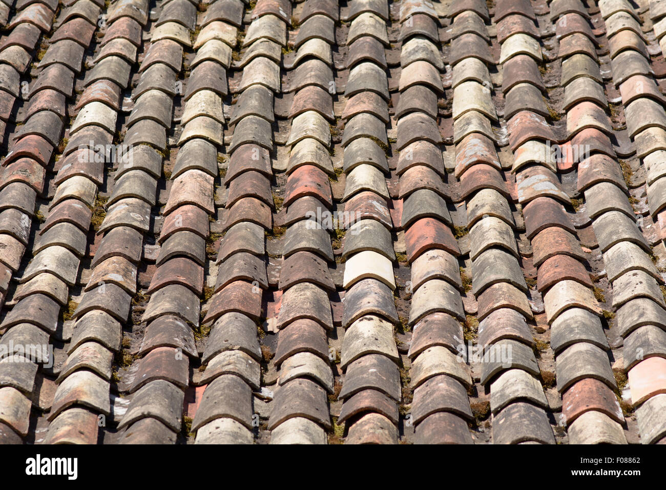 Terracotta curved roof tiles on barn in French countryside Stock Photo