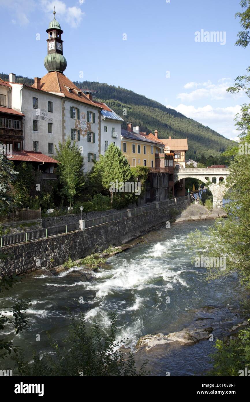 View of river Mur and buildings in Murau, Styria, Austria Stock Photo