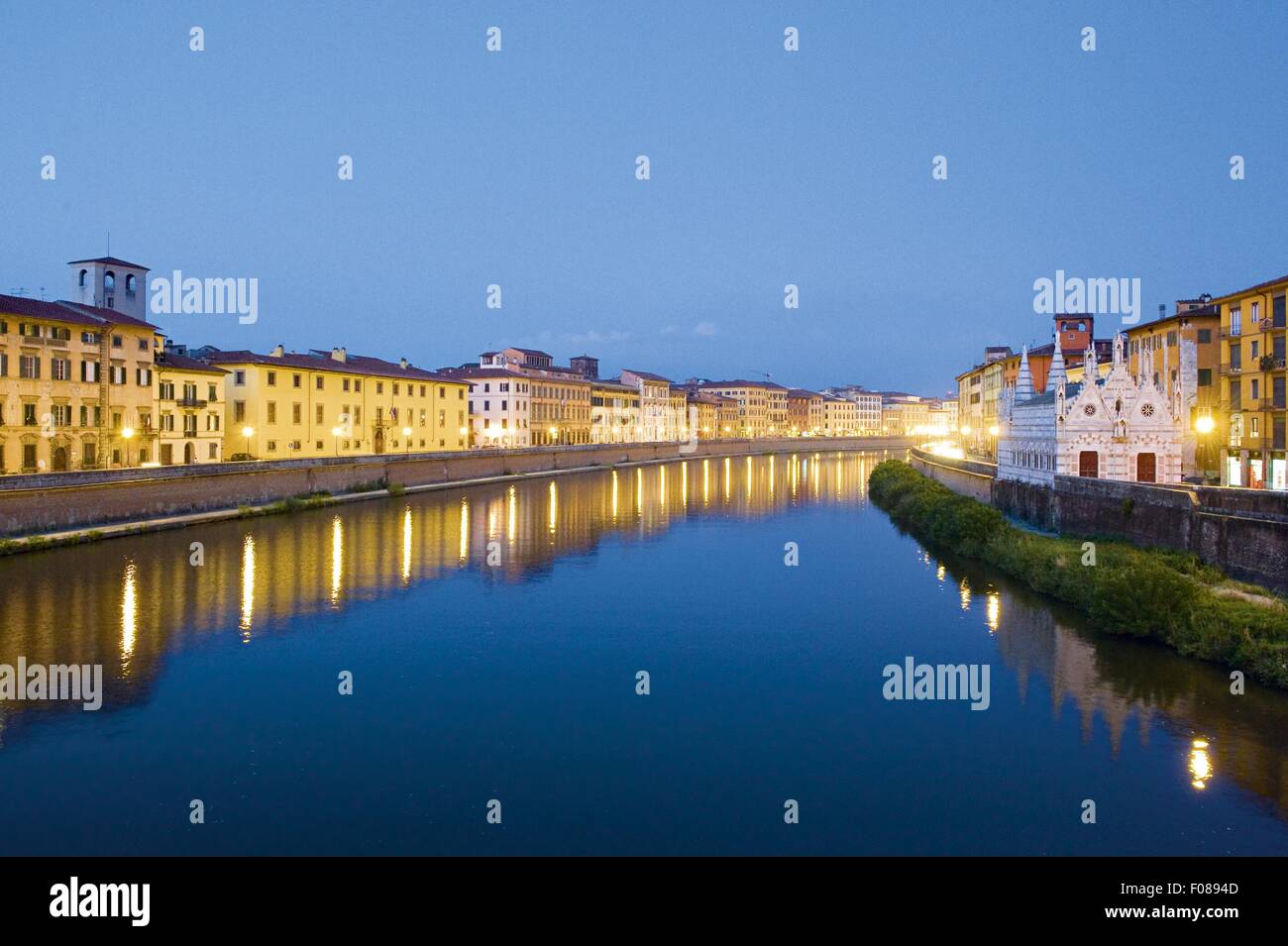 View of illuminated Santa Maria Della Spina on the Arno river, Pisa, Italy Stock Photo