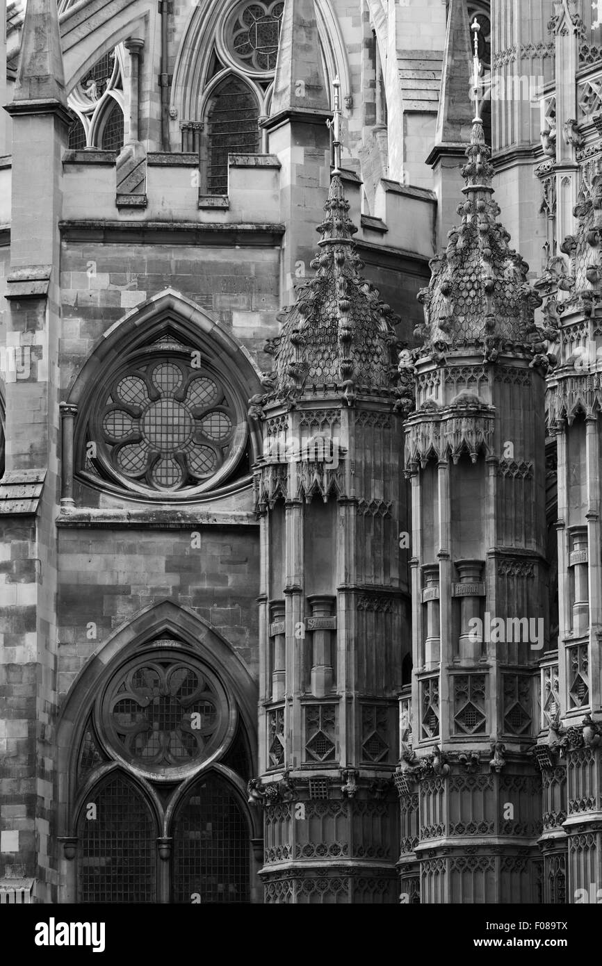 Black and white exterior view of part of Westminster Abbey in London