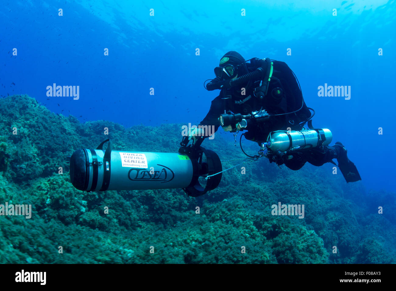 Rebreather Diver with Scooter, Ponza, Italy Stock Photo