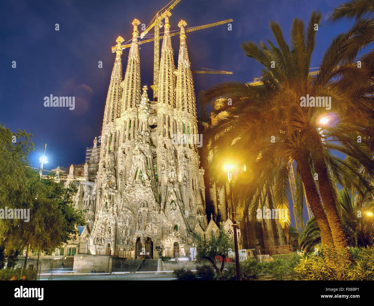 View of Sagrada Familia facade with blue sky in Barcelona, Spain Stock ...