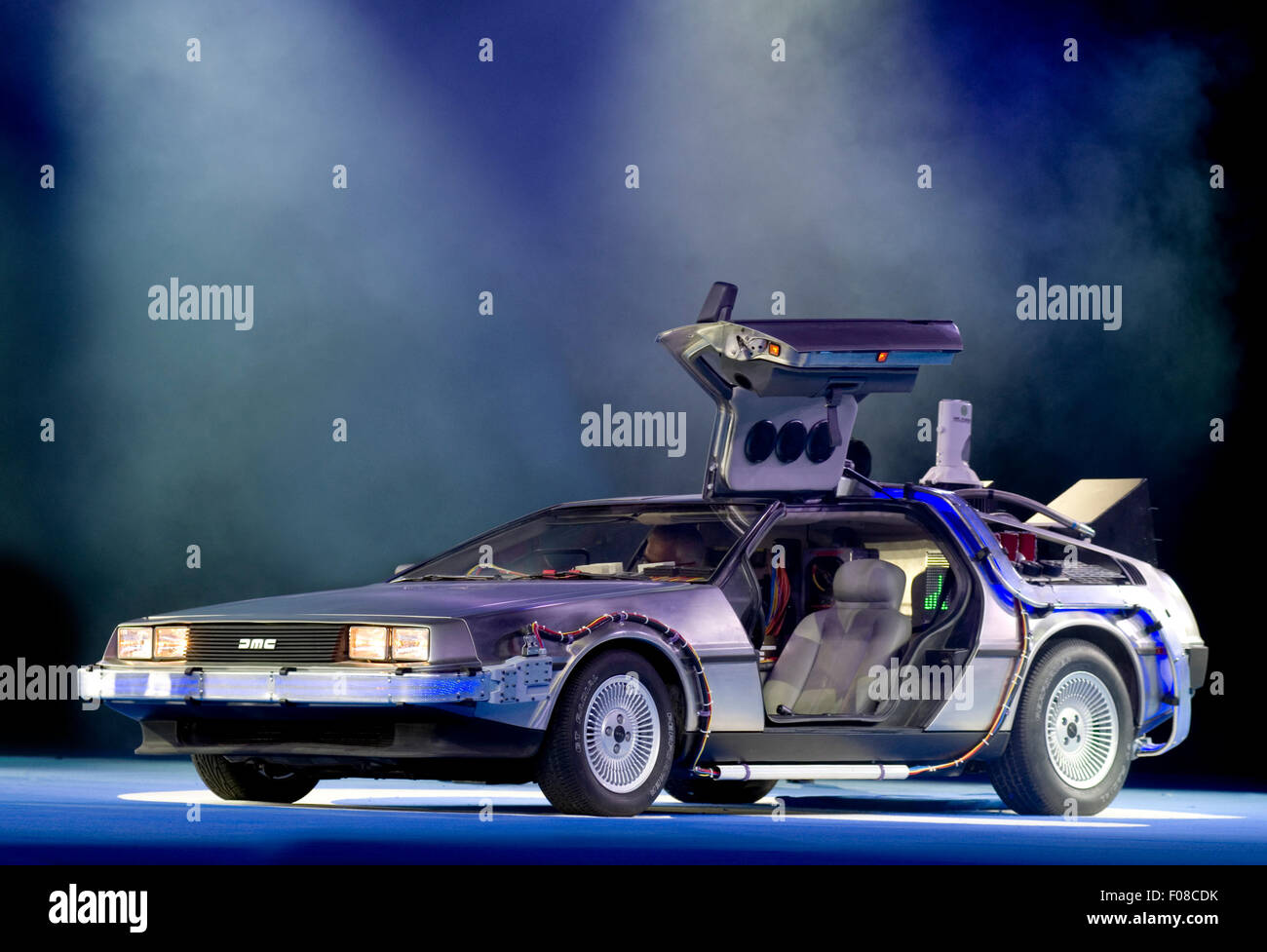 Replica time machine car from Back to the Future on stage at The Gadget Show. Stock Photo