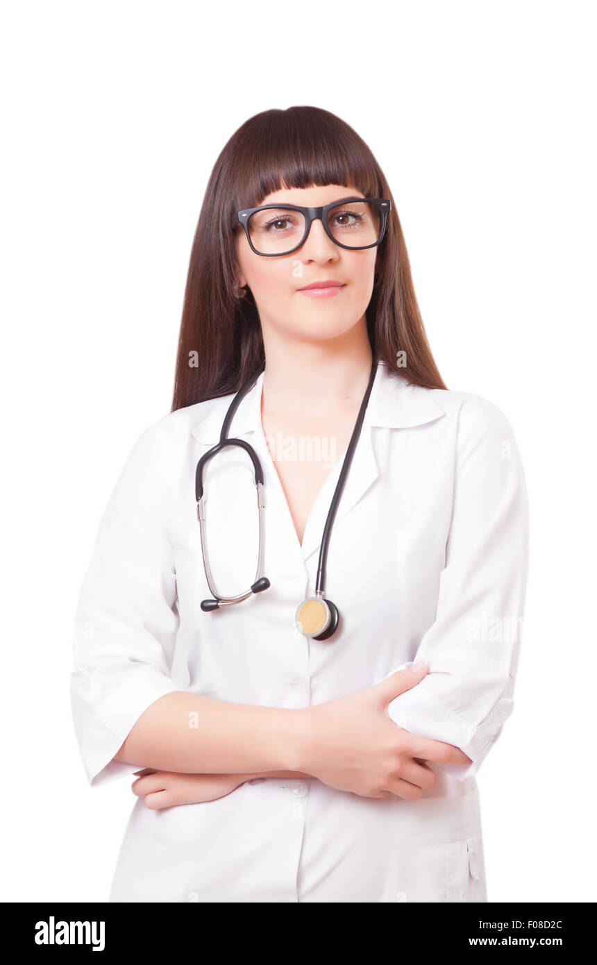 Woman in a white lab coat and glasses, isolated on white background ...
