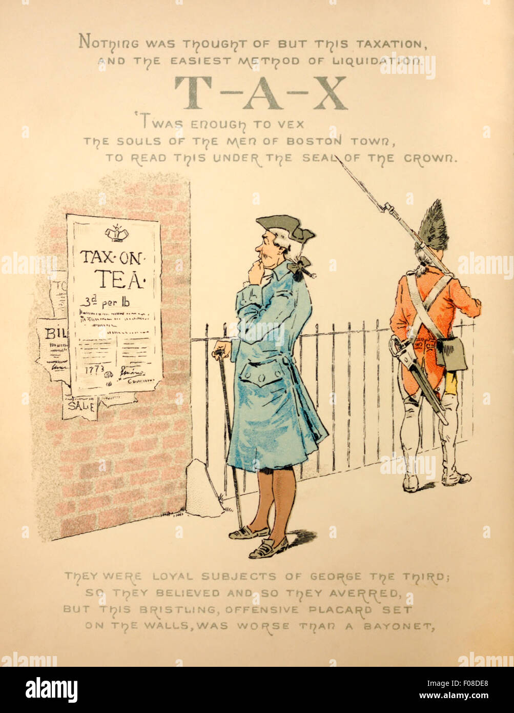 American colonist reads about the new tax on tea, a British soldier marches on behind. Illustration by Josephine Pollard (1834-1892). See description for more information. Stock Photo