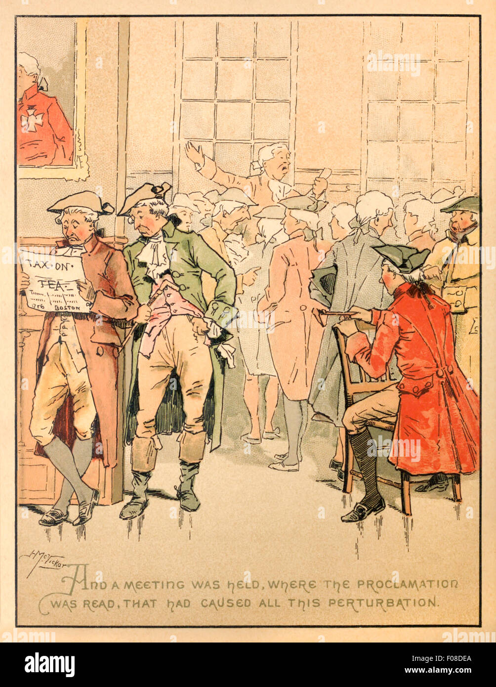 At a meeting in Faneuil Hall the Royal proclamation introducing the Tea Act of 1773 is read out. Illustration by Josephine Pollard (1834-1892). See description for more information. Stock Photo