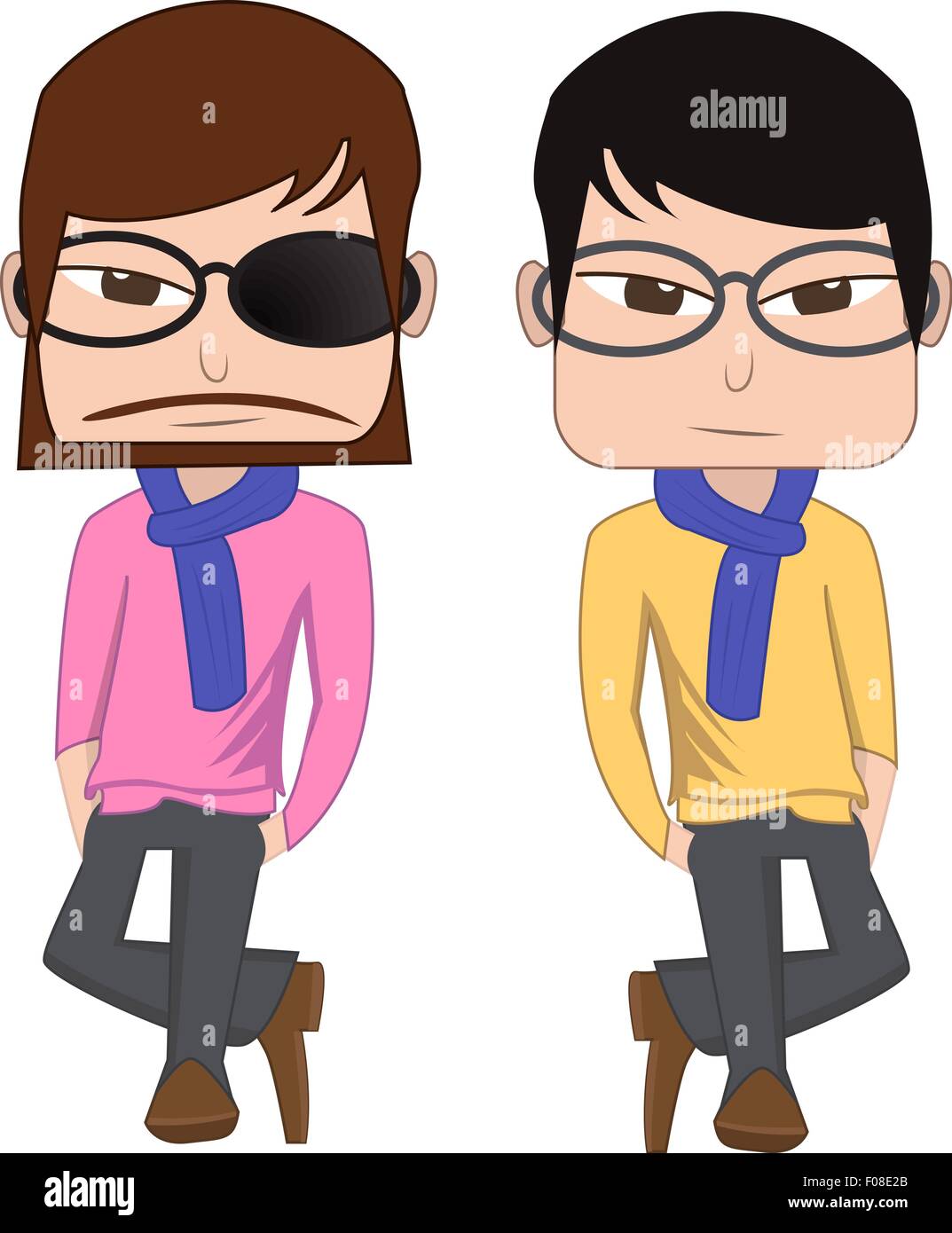 Hipster man vs korean man style wear glasses, coat, black jeans, scarf and leather shoes Stock Vector