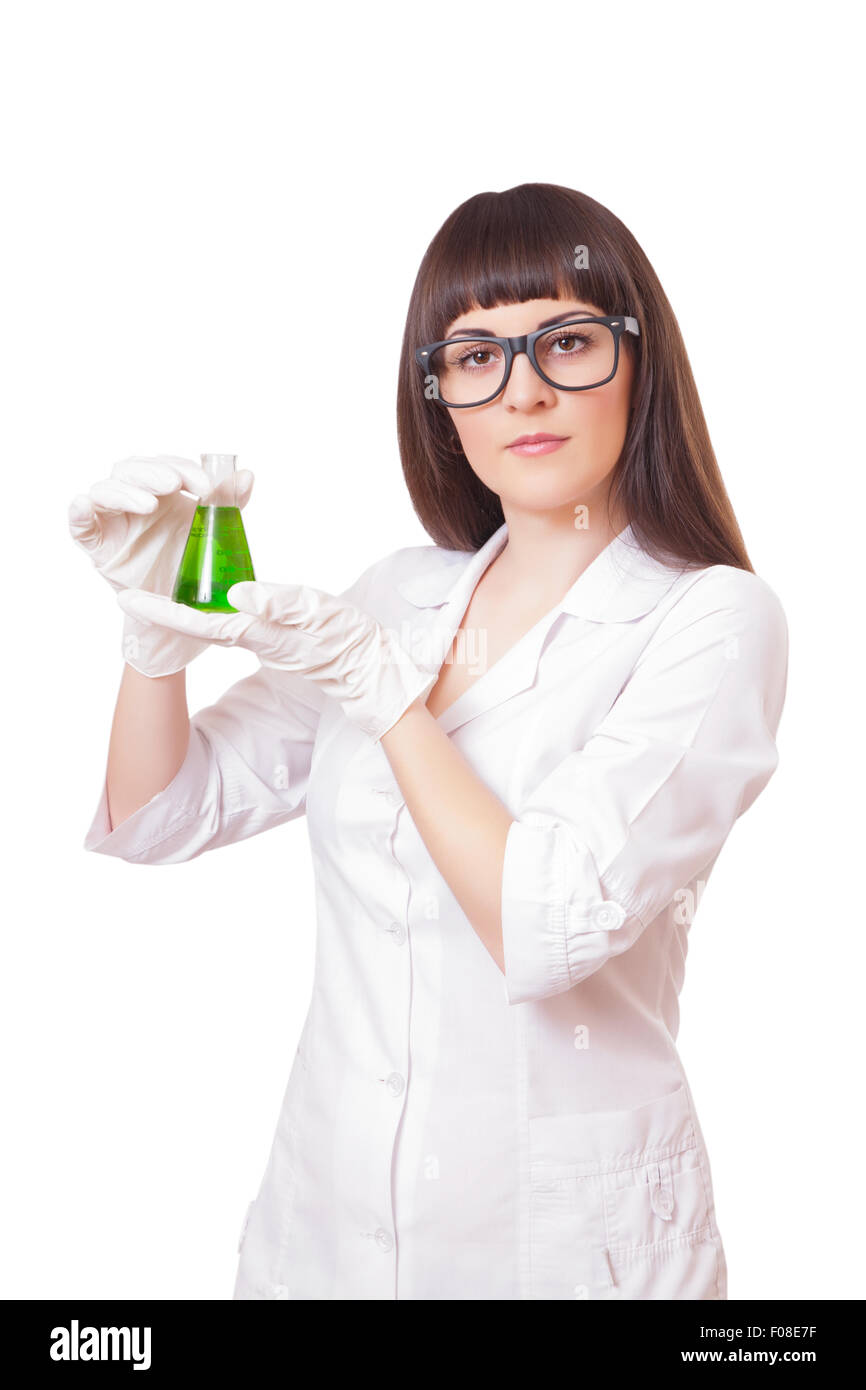 Female lab worker holding flask, isolated on white background Stock