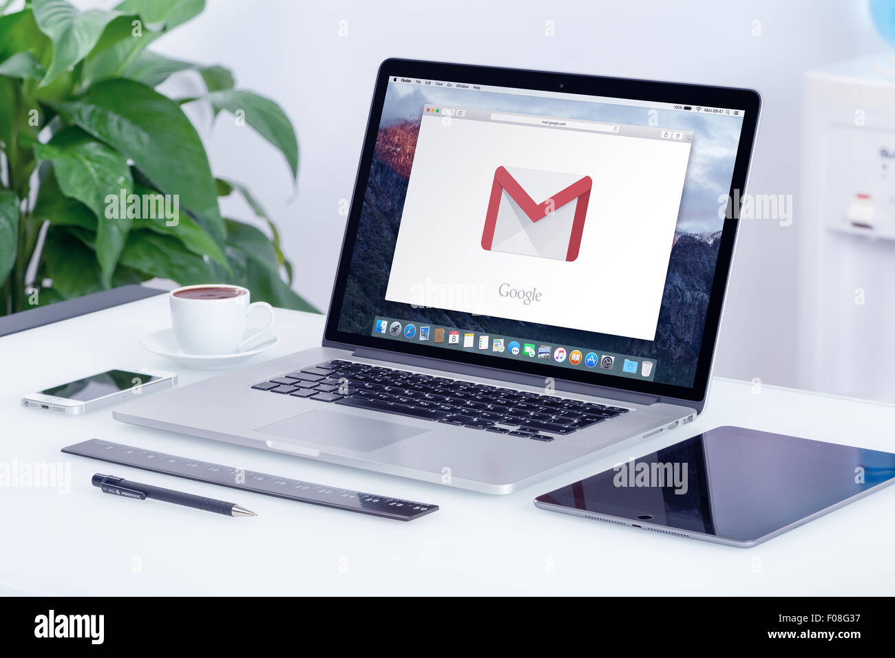 Varna, Bulgaria - May 29, 2015: Google Gmail logo on the Apple MacBook Pro display that is on office desk in office work place Stock Photo