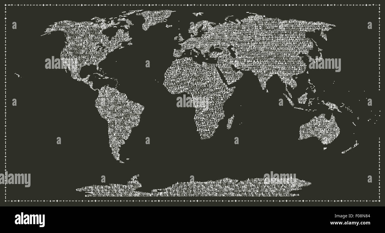 Map of the world made with continent name in typewriter font. white on black background Stock Photo