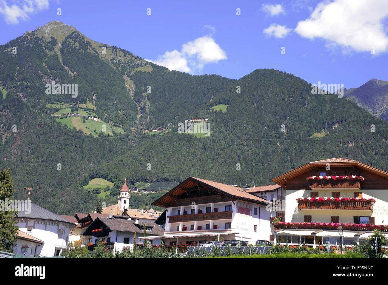 South Tyrol (Northern Italy), typical houses in the village of Dorf Tirol near Meran Stock Photo