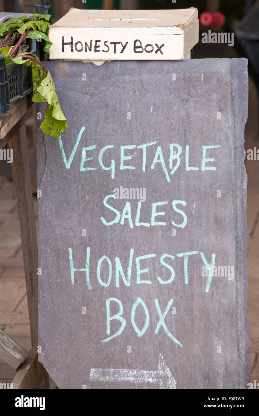Vegetable sales honesty box blackboard Stock Photo
