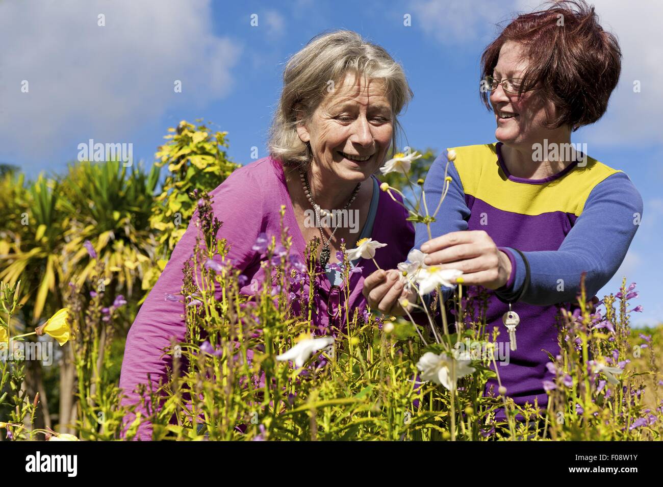 Brigitte Shelswell-White with Lorna Finnegan in garden, Ireland Stock Photo